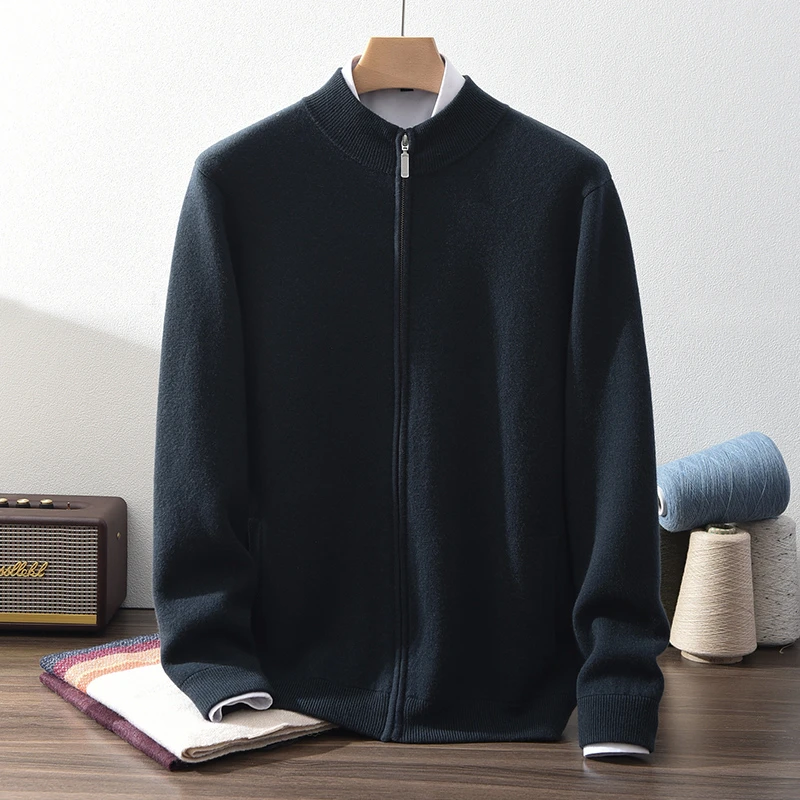 爆款空气层加厚半高领带兜拉链开衫100%山羊绒750G