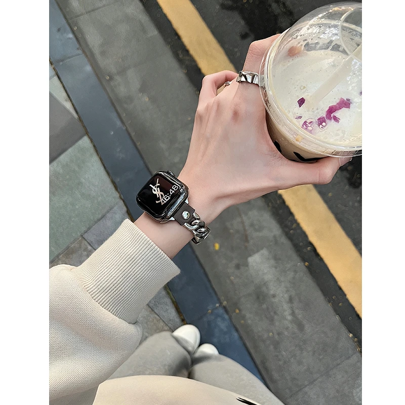 iserisewatch适用apple watch11表带秋冬皮质拼接金属iwatch链条