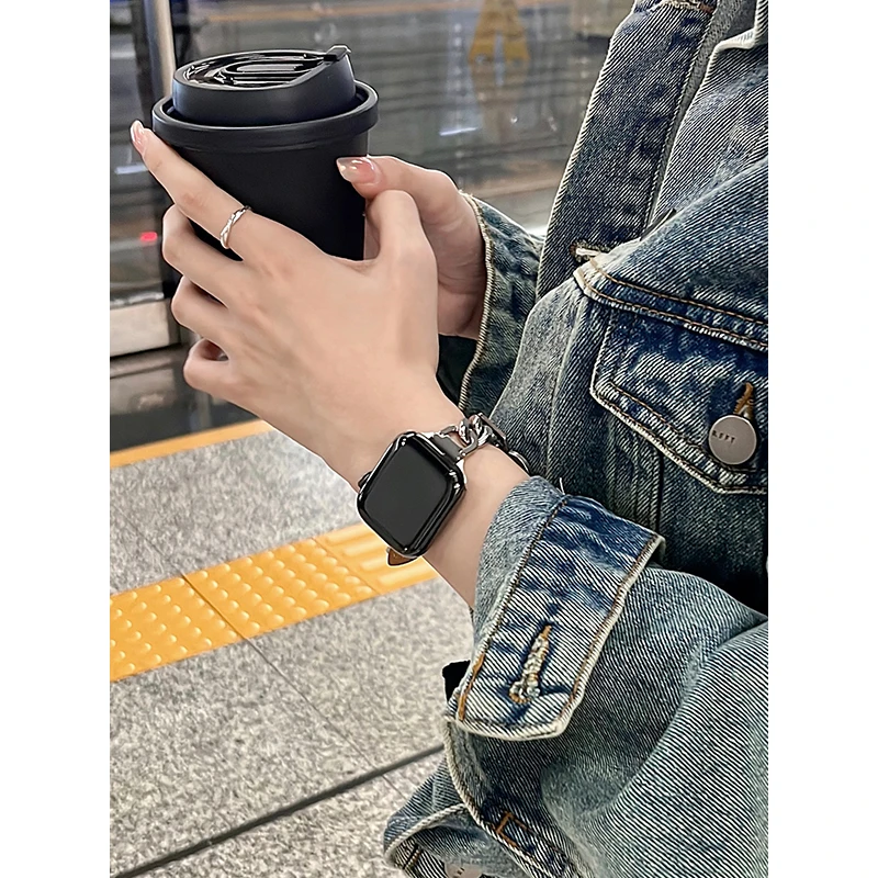 iserisewatch适用于applewatchs10皮质表带五金女孩创意链式透气