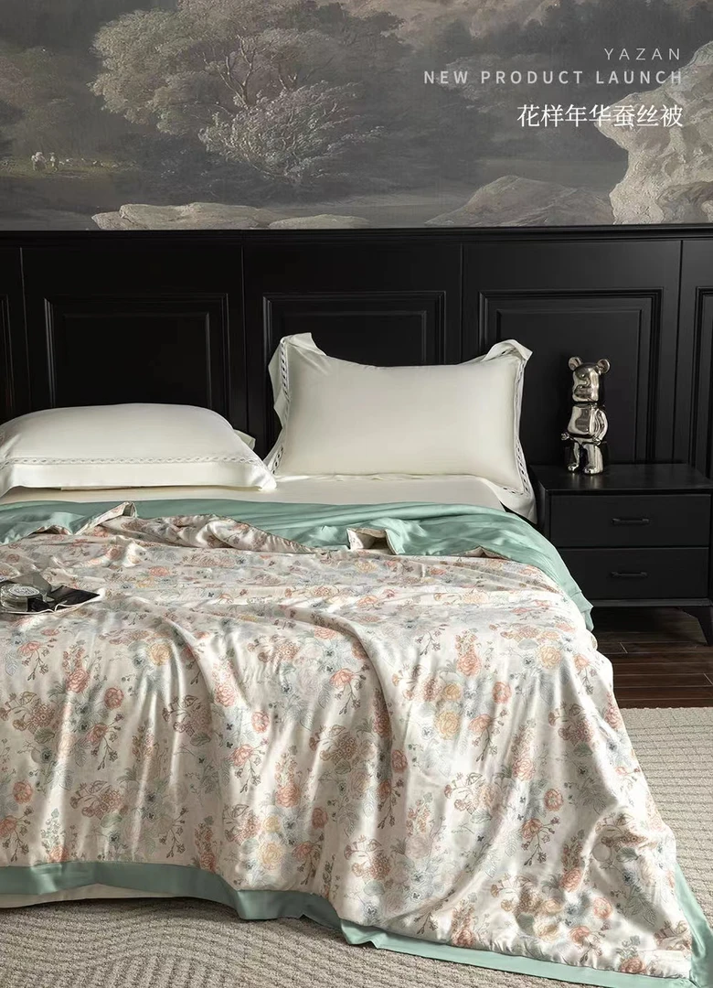 雅赞高奢系列桑蚕丝被夏凉被空调被丝滑薄款可机洗国风图案高级