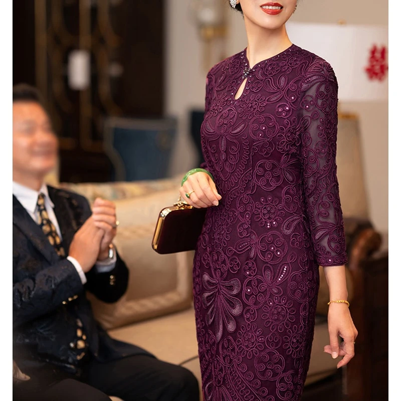 婚礼妈妈装婚宴礼服喜婆婆高端中式紫色旗袍连衣裙平时聚会可穿