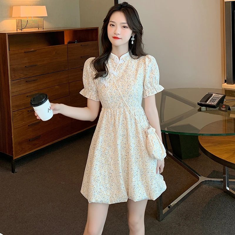 旗袍改良版女夏季小个子150cm145显高年轻款气质修身甜美连衣裙xs