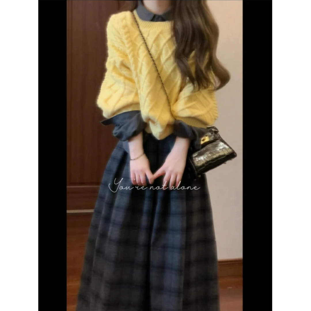 秋冬季新款复古法式黄色毛衣针织内搭衬衫上衣高级感半身裙套装女
