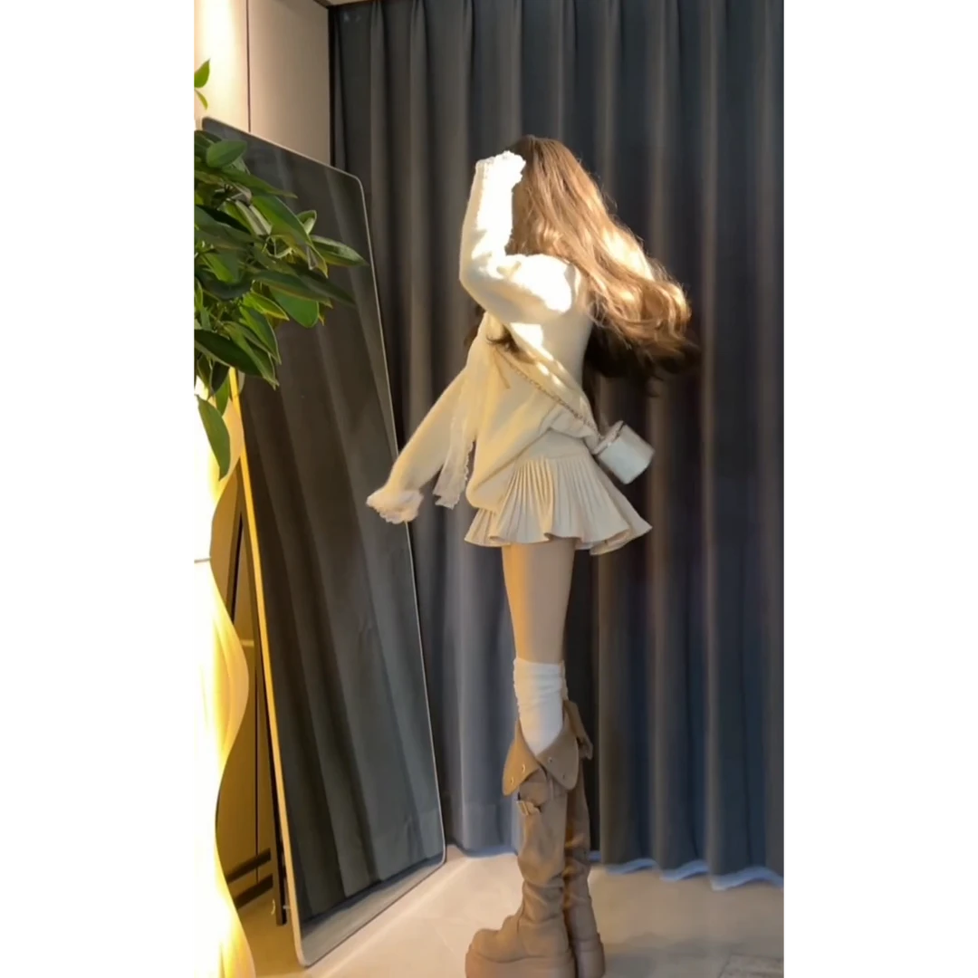 2024秋冬新款时尚气质慵懒风软糯针织毛衣搭百褶半身裙显瘦套装女