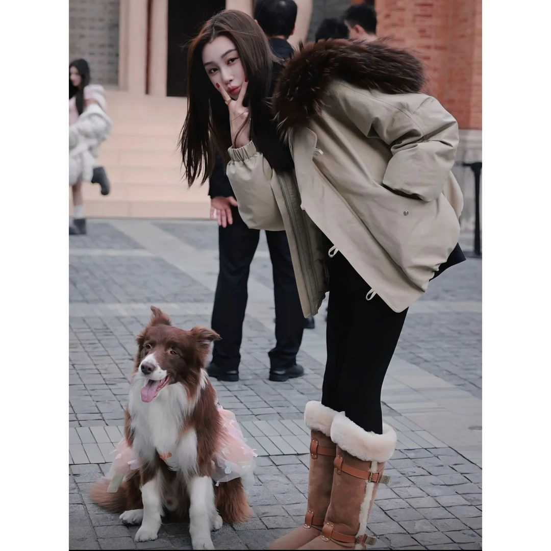 2024秋冬季新款美式复古高级感宽松毛领连帽棉衣外套