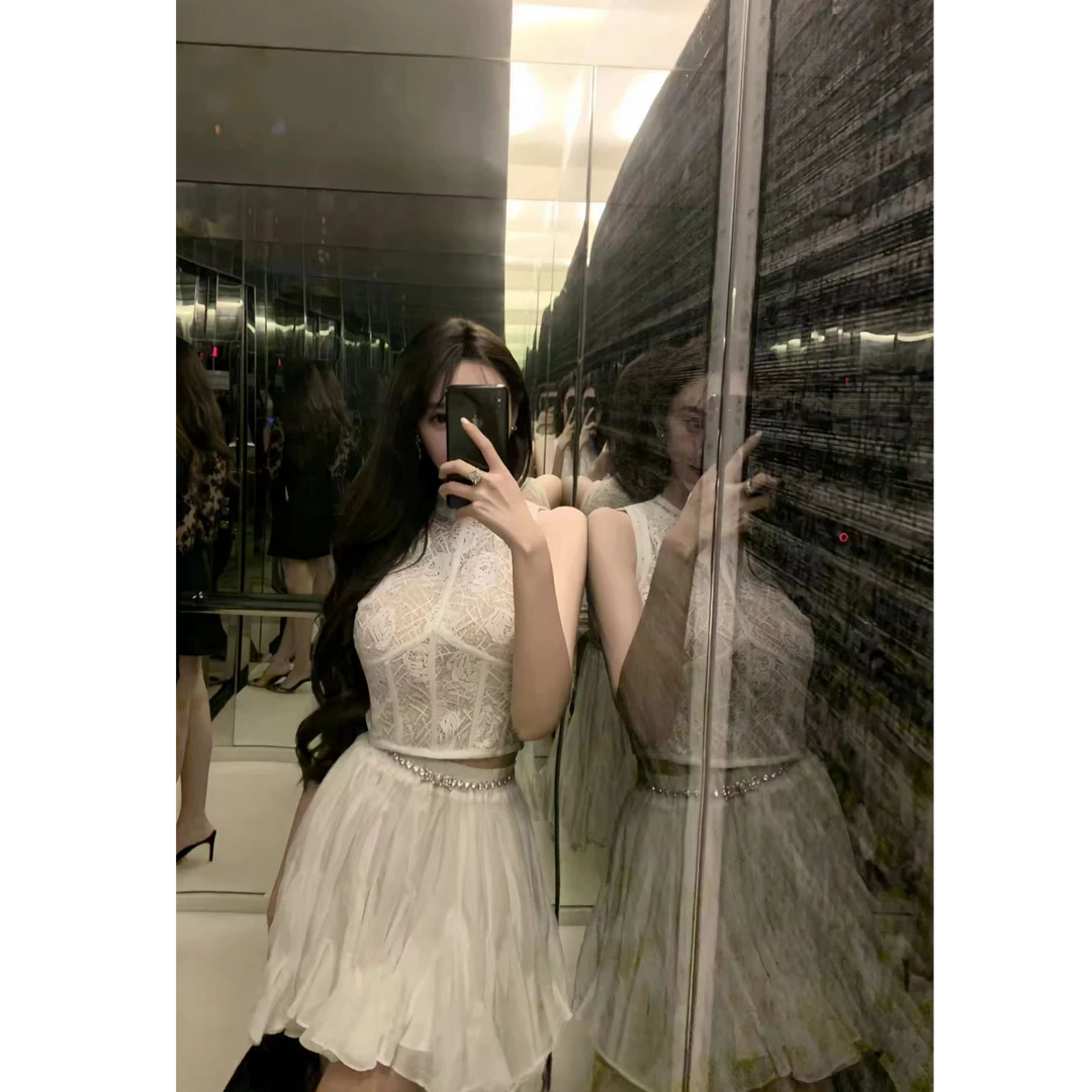 法式甜美少女2024夏季新款蕾丝透视印花无袖修身背心上衣高腰短裙