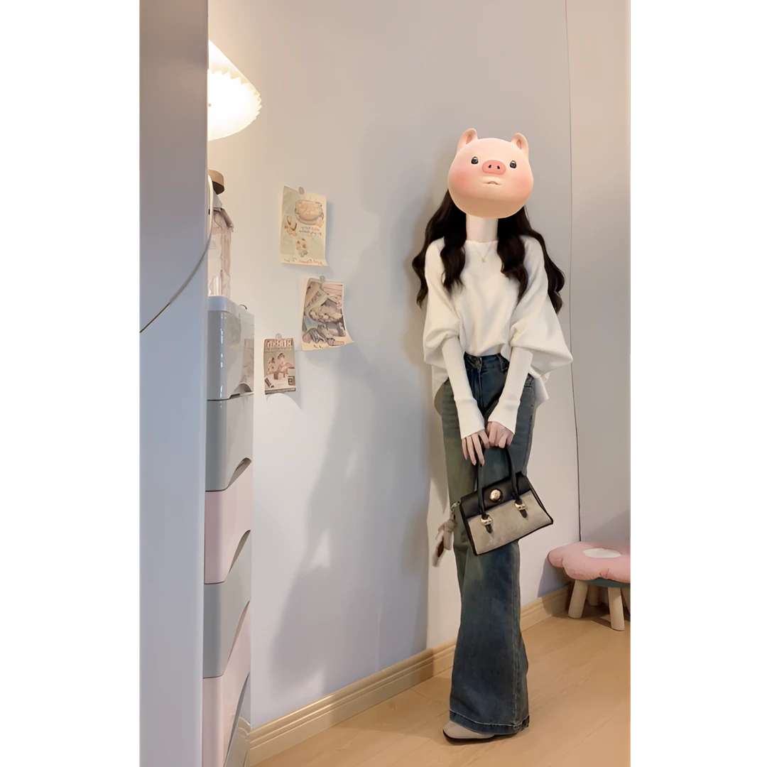 2024韩系温柔风白色针织衫毛衣高级感上衣搭长裤高腰显瘦两件套女