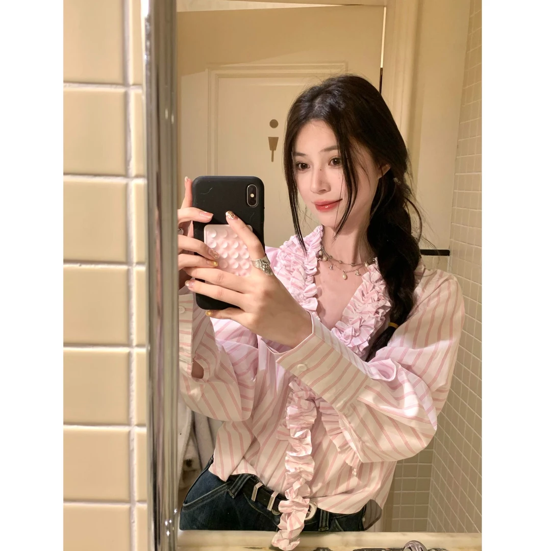 2024秋季新款法式慵懒立体木耳边V领条纹衬衫搭高腰显瘦阔腿长裤