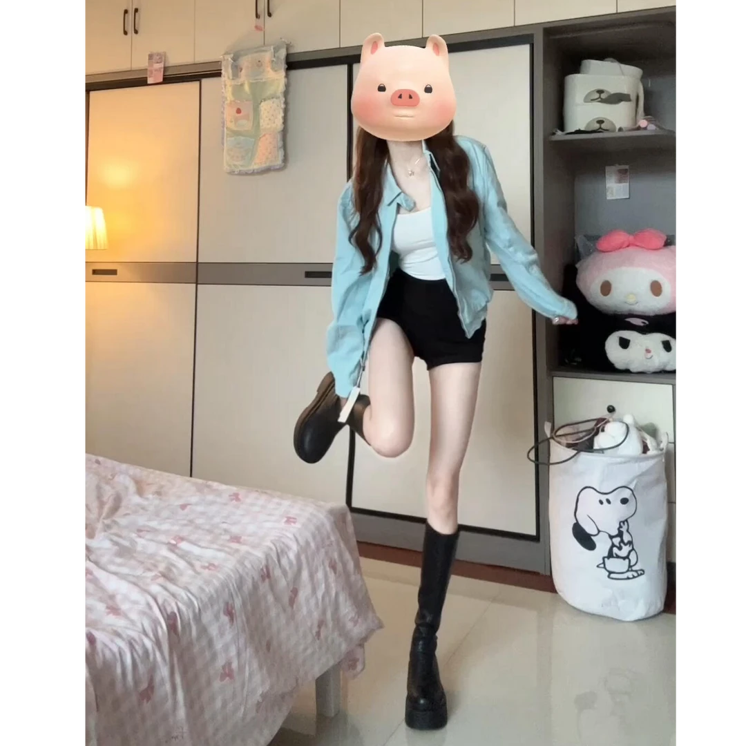 2024秋季新款时尚小众美式复古蓝色夹克外套搭高腰显瘦短裤套装女