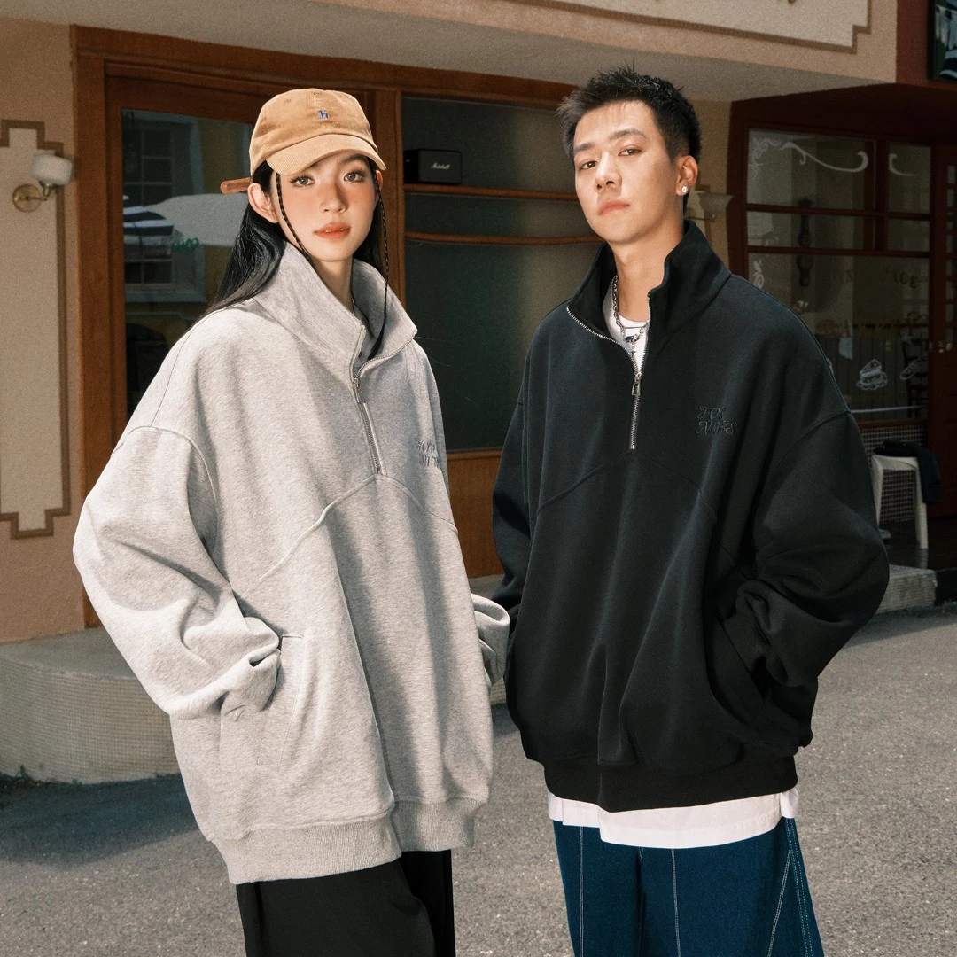FORNINES刺绣美式半拉链重磅长袖男女潮牌立领宽松衣服百搭款