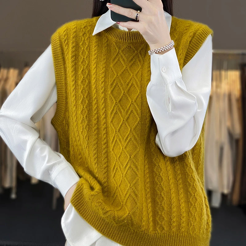 绒女羊毛秋冬新款女园领扭花简约宽松百搭针织马甲可外穿YYY-2362