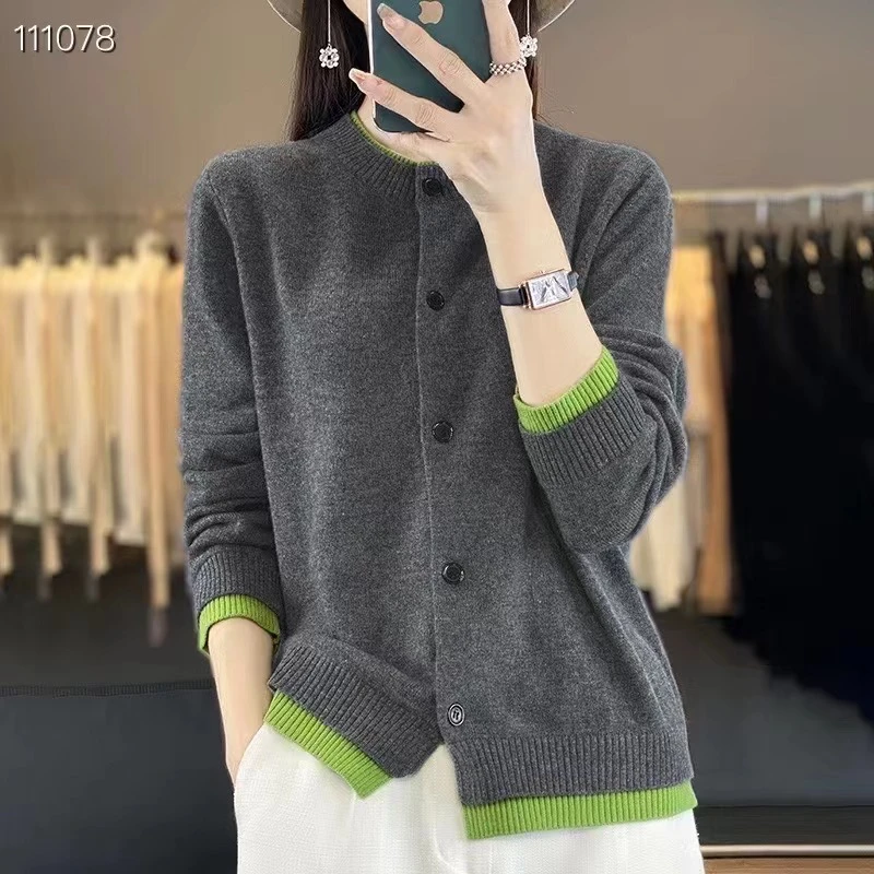 绒女假两件撞色圆领纯羊毛开衫女宽松针织毛衣外搭秋冬新款外套YM