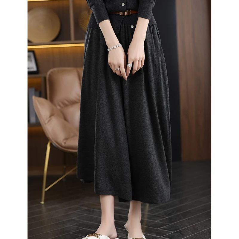 绒女春夏新款双腰带兜羊毛混纺平面百搭简约气质休闲时尚半身裙YD