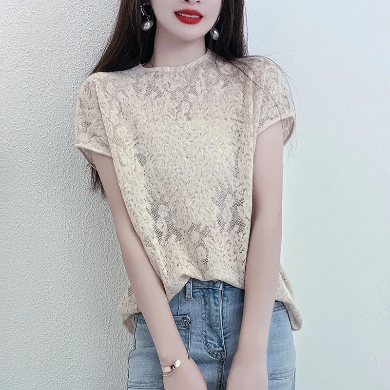 绒女夏季半高领女镂空莱赛尔百搭半袖针织上衣