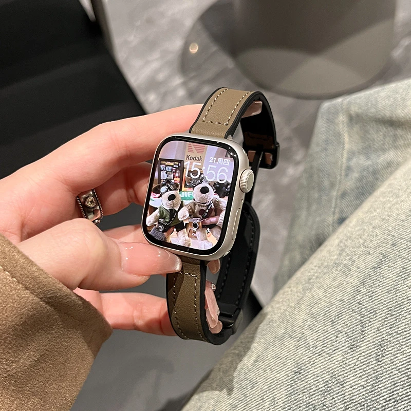 表带哥细款皮质磁吸表带适用applewatch3456代iwatchs8s7s9苹果se