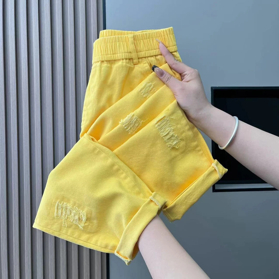 春夏季糖果色重工破洞水洗牛仔棉高腰百搭洋气老爹裤哈伦裤松紧腰