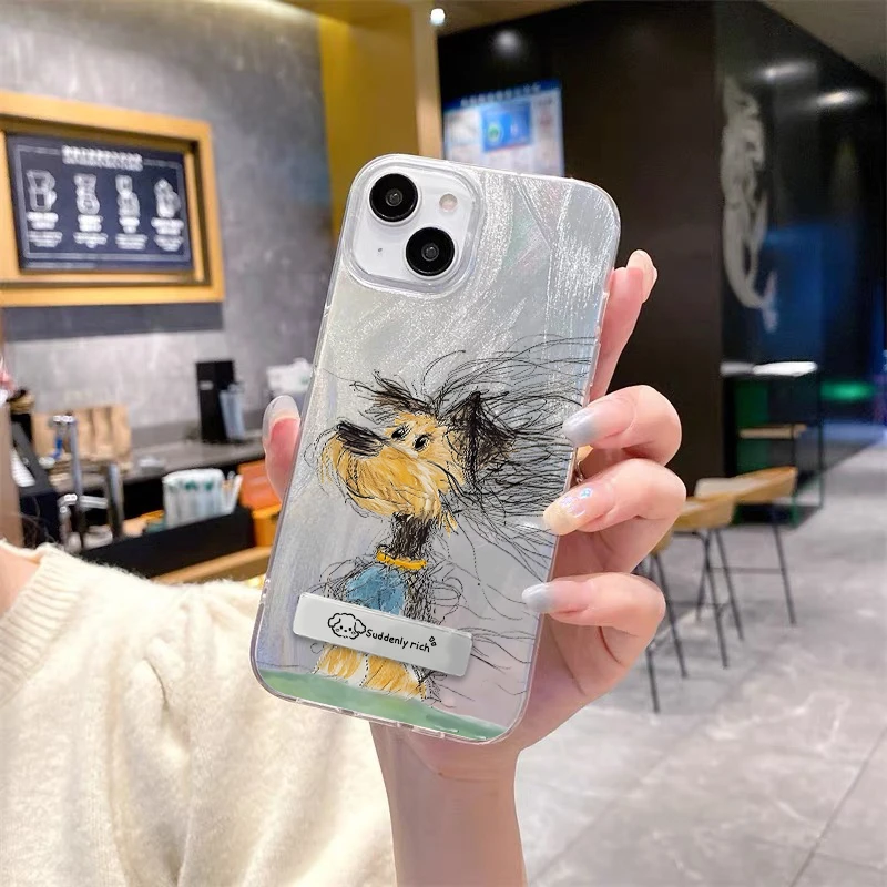 适用苹果16华为小米14炸毛小狗IMD羽纱夏日小清新防摔手机壳