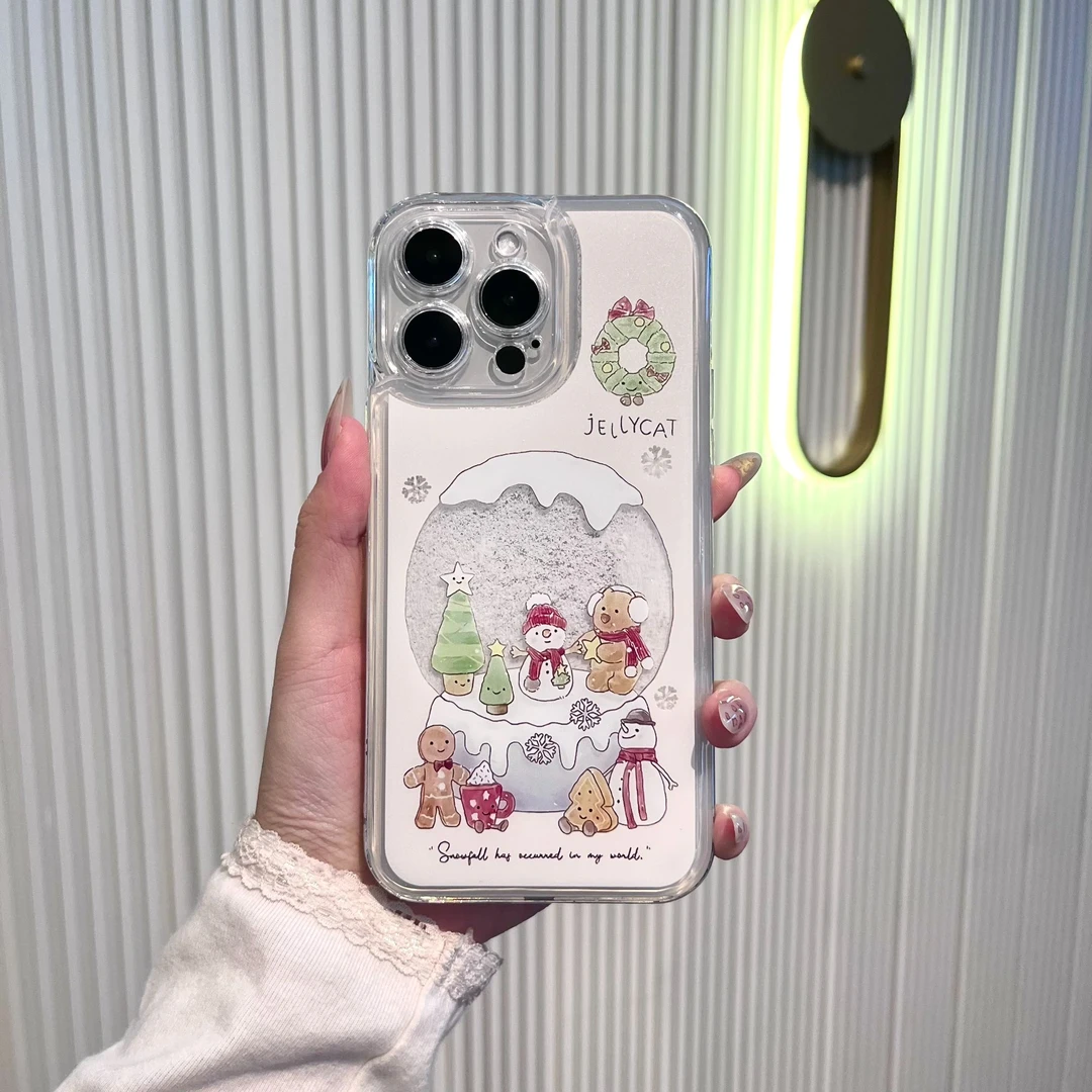 圣诞雪人水晶球雪花流沙适用苹果13/iphone14/iphone16防摔手机壳