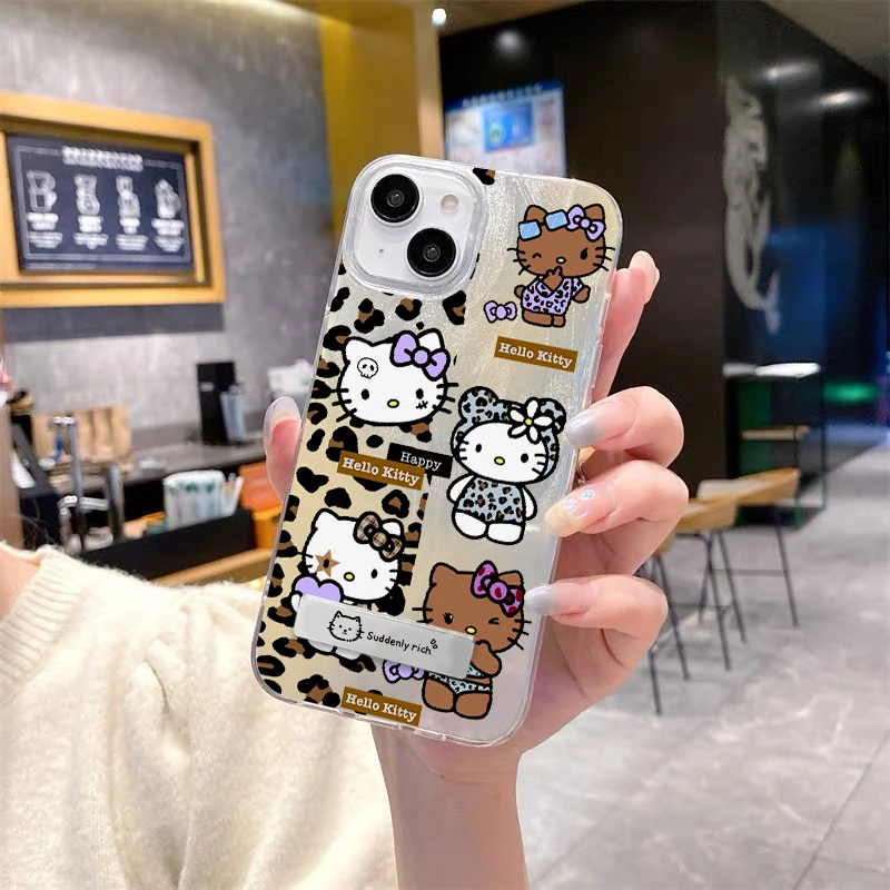 适用苹果16华为小米豹纹kt渐变IMD羽纱创意卡通小众防摔手机壳