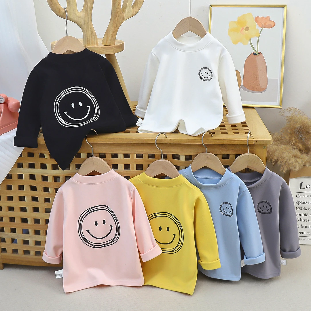 2024新款儿童打底衫秋冬季节德绒面料中大童宝宝长袖笑脸打底衣