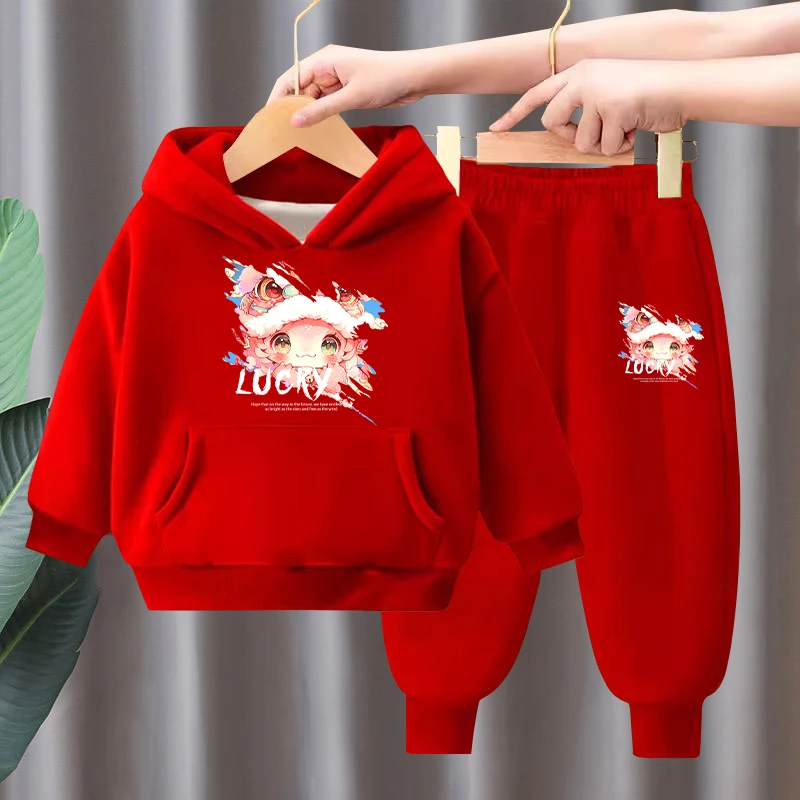 儿童新年红色卫衣套装秋冬加绒女童拜年服2025蛇年本命年男童衣服