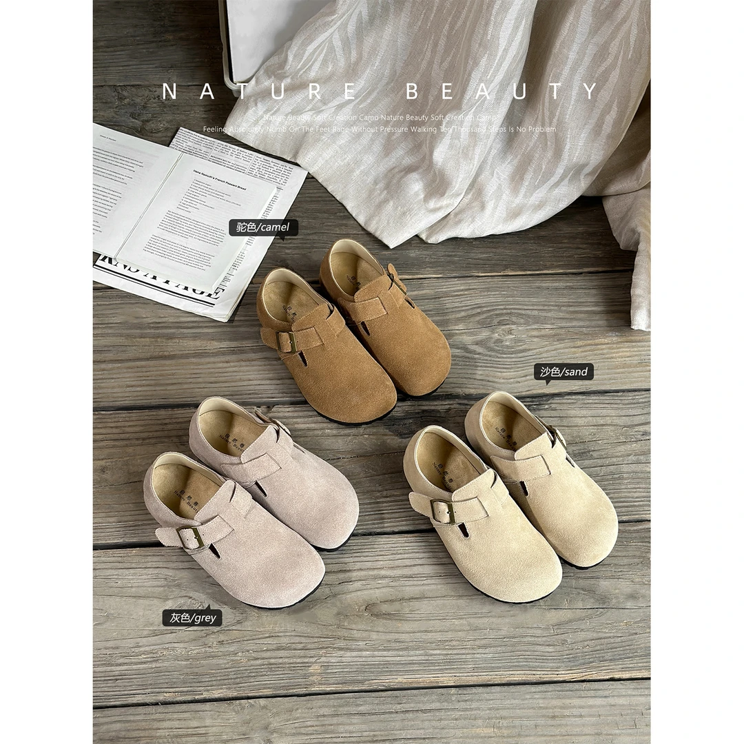 自然卷复古勃肯鞋女休闲全包牛反绒内增高新款爆款文艺一脚蹬单鞋