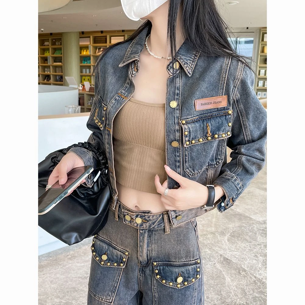 牛仔外套女两件套欧洲站春秋2024欧货时尚洋气短款直筒阔腿裤套装