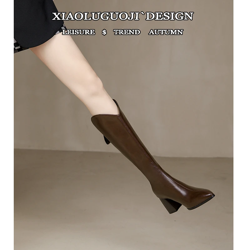 真皮长筒靴女高跟鞋尖头V口粗跟小个子棕色弹力瘦瘦骑士靴美拉德