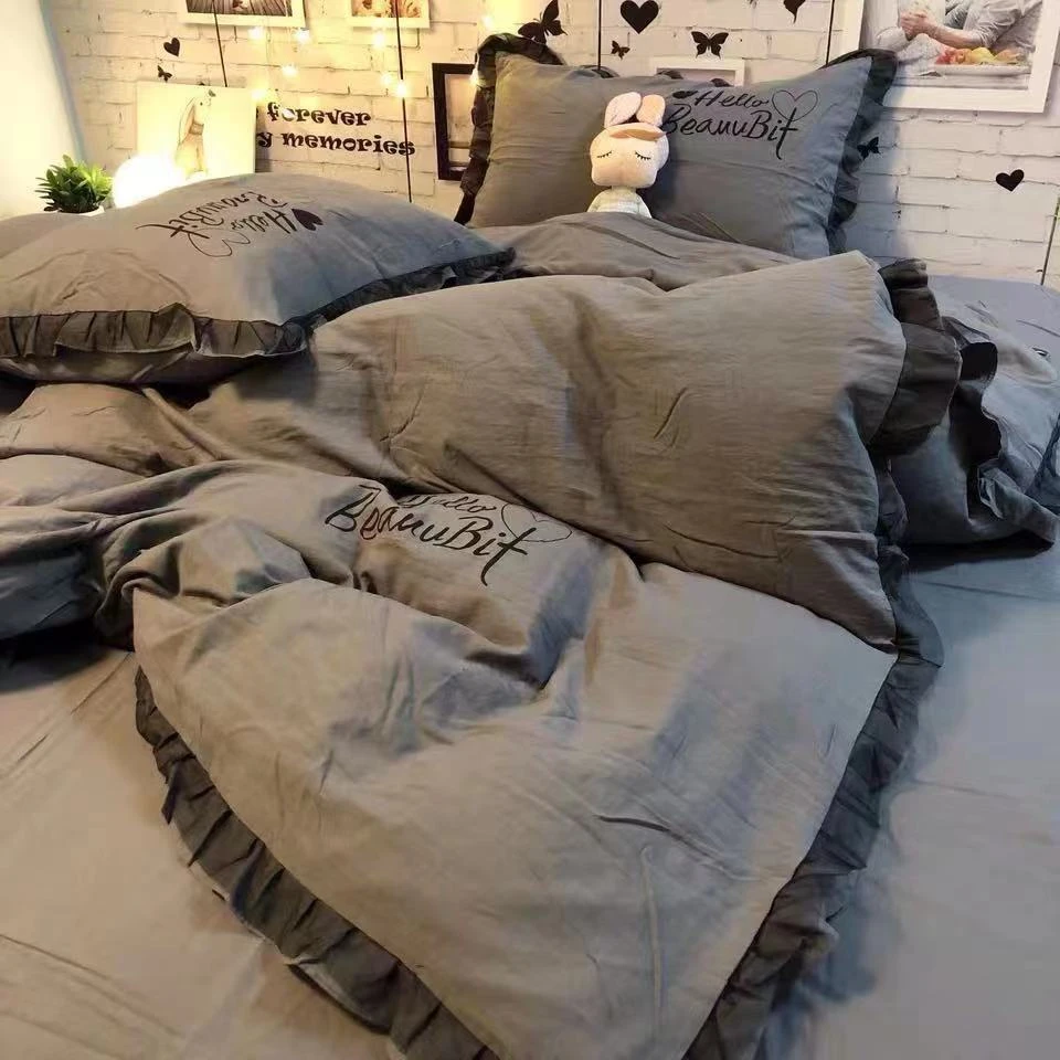 ins纯色水洗棉床单四件套a类蕾丝花边被套床单学生宿舍床上三件套