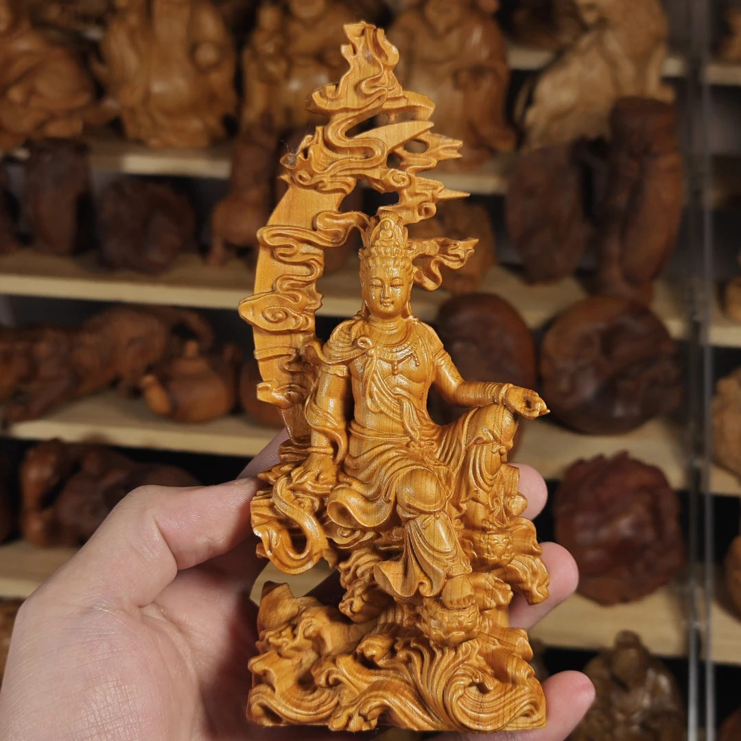 17公分【已开】崖柏木雕水月自在观音佛像摆件站像家用实木观音微笑