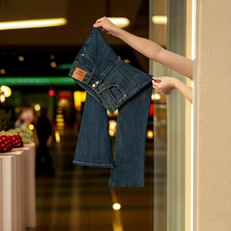 复古蓝双排扣微喇牛仔裤女2025秋季新款高腰休闲百搭修身显瘦裤