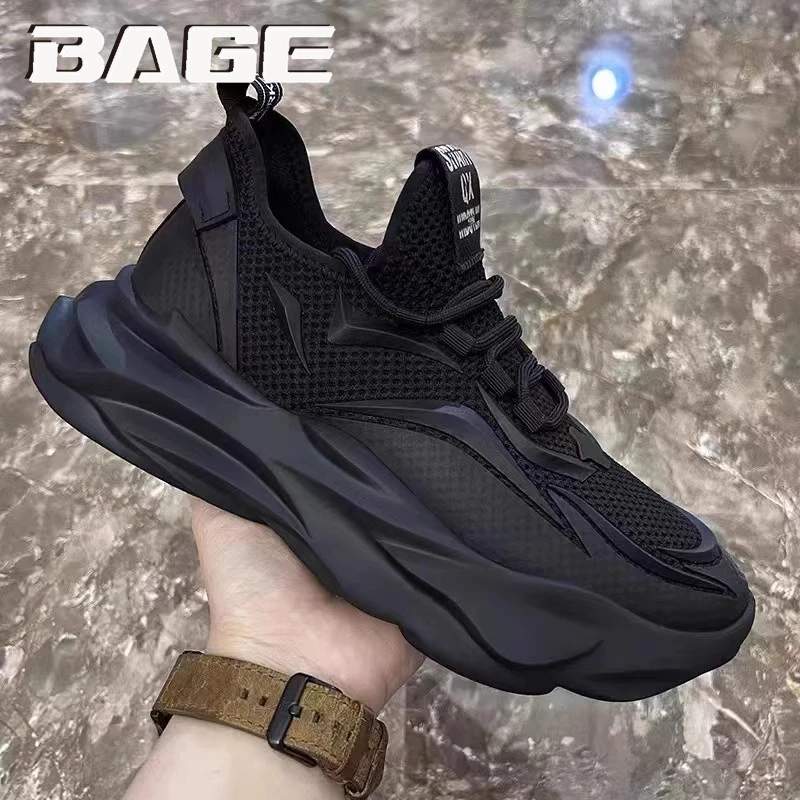 八哥莆田男鞋冬季透气薄款飞织网面运动鞋百搭黑色跑步休闲老爹鞋