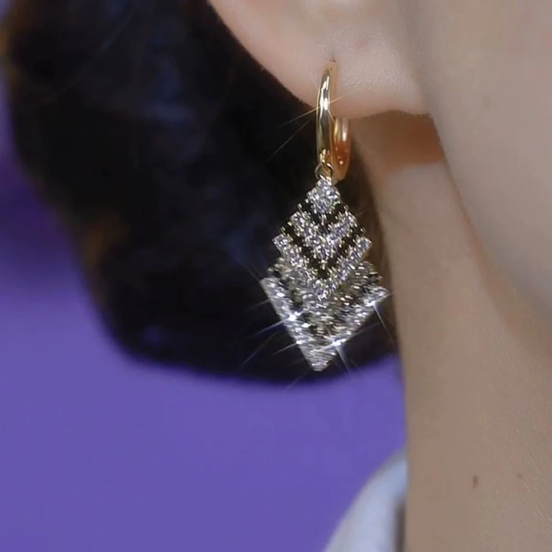 铜合金耳饰 气质超闪黑白菱形耳环轻奢高级感长款耳饰PT0346