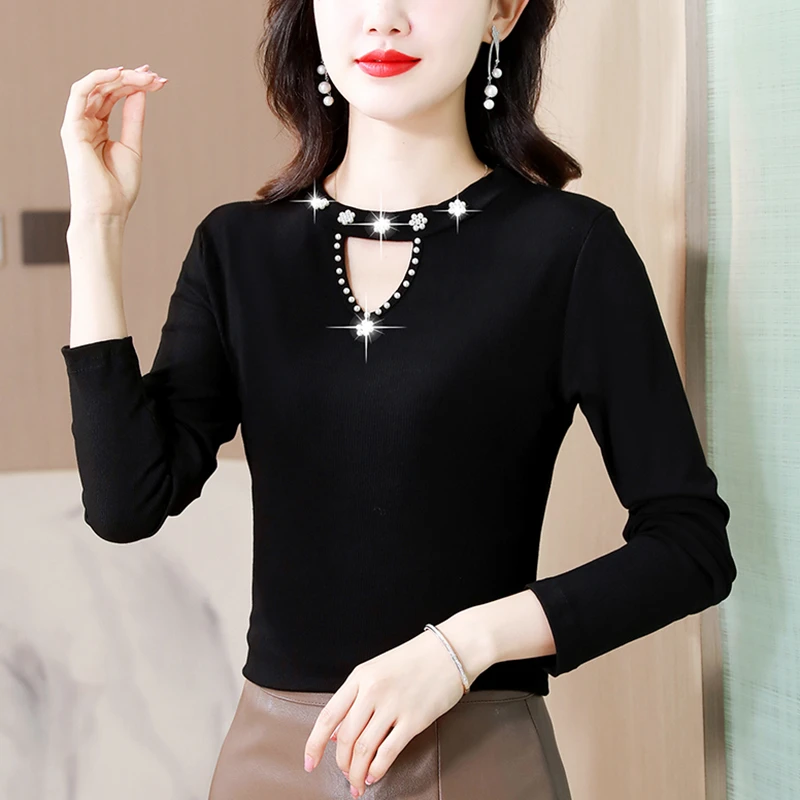 2023秋季新款设计感小众打底衫女钉珠镂空短袖百搭洋气小衫女9063