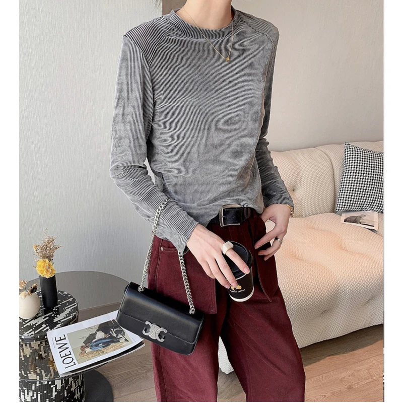 气质休闲坑条纹显瘦打底小衫78915