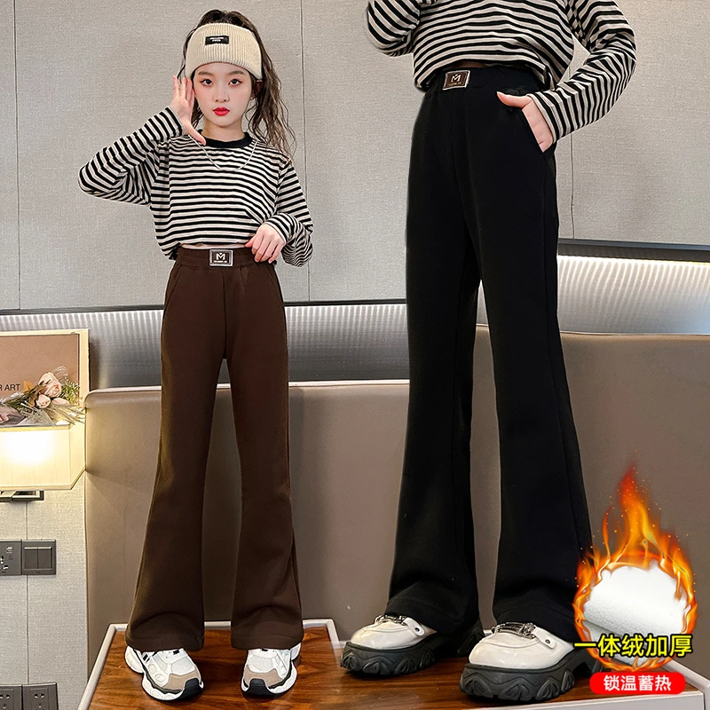 女童加绒喇叭裤秋冬新款洋气儿童厚裤子外穿冬季女大童微喇休闲裤