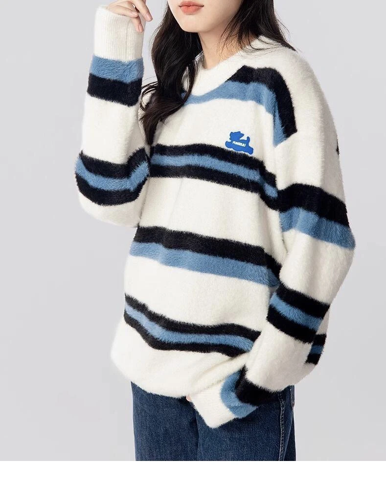 撞色情侣装条纹水貂绒圆领毛衣女秋冬加厚宽松慵懒针织打底衫上衣