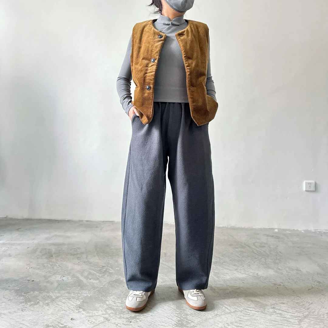 A6643高级灰肌理感针织面料阔腿直筒香蕉弯刀女裤