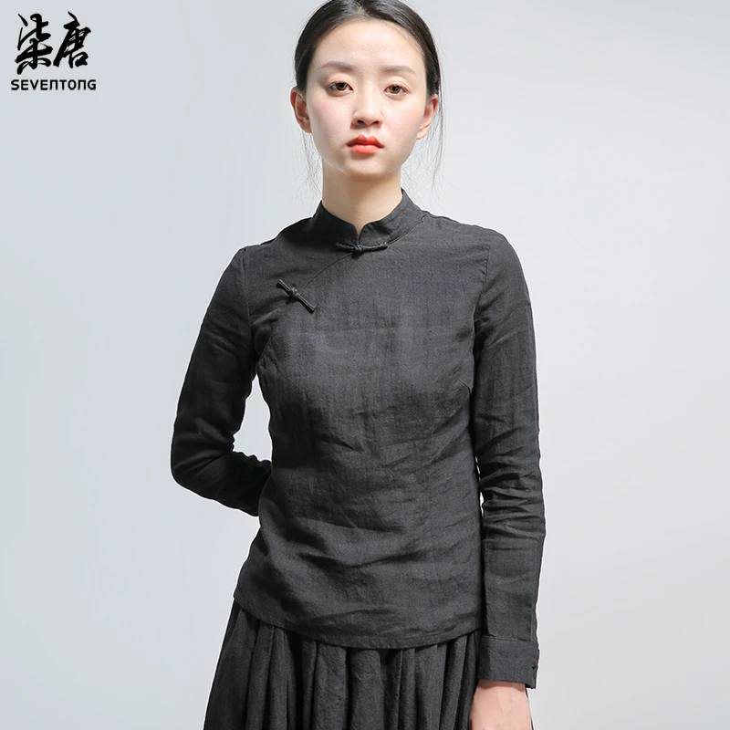 5962民国风新棉麻亚麻改良长袖旗袍衬衫上衣黑色打底女中式复古