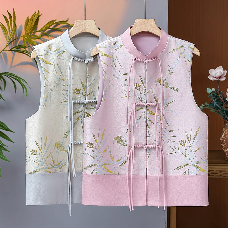 国风春季新款中式马夹盘扣提花复古风气质唐装马甲女士上衣外套