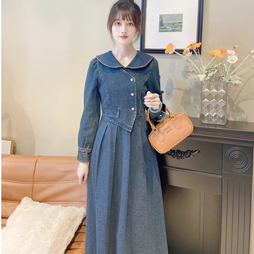 法式娃娃领牛仔连衣裙秋新款复古蓝时尚洋气收腰牛仔裙SZ1909013