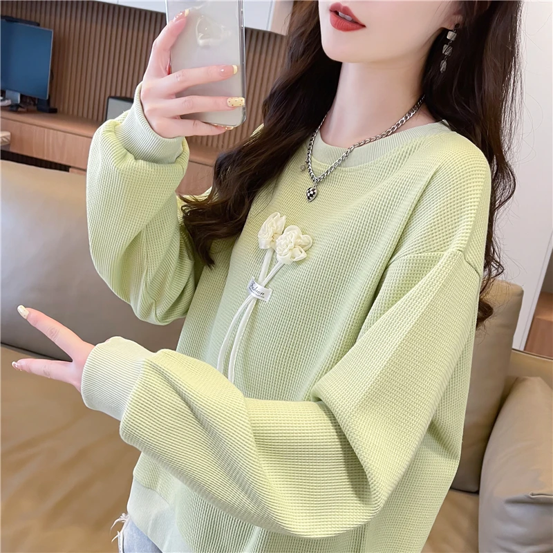 华夫格卫衣女2024新款春秋韩版宽松大码薄款立体花朵早秋上衣外套