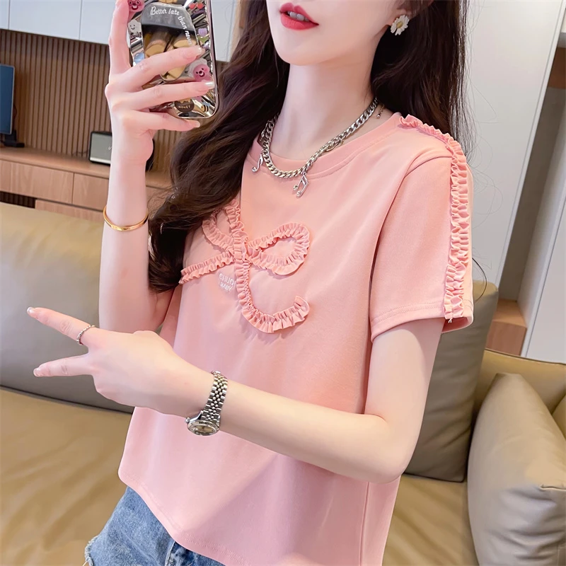 5蝴蝶结刺绣正肩短袖t恤女2024新款夏季韩版宽松短款小个子上衣服