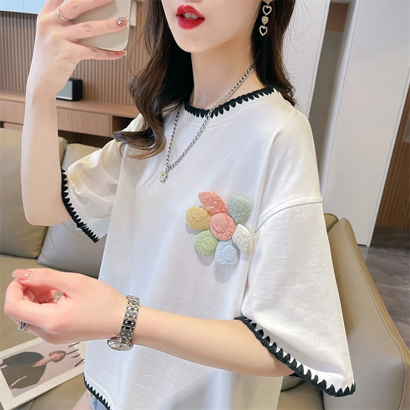 设计感小众短袖t恤女夏季韩版宽松大码学生百搭立体装饰撞色上衣