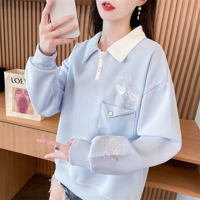 翻领polo衫卫衣女2024新款春秋季韩版宽松薄款撞色设计感上衣外套
