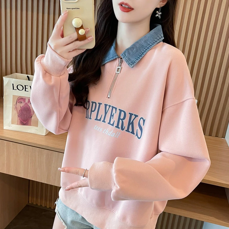 重工半拉链卫衣女2025新款春秋韩版宽松薄款polo领假两件上衣外套