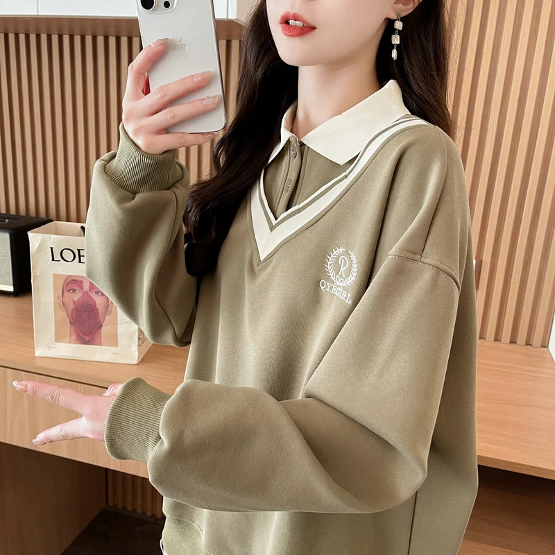 polo领卫衣女2025新款春秋季韩版宽松撞色薄款百搭假两件上衣外套