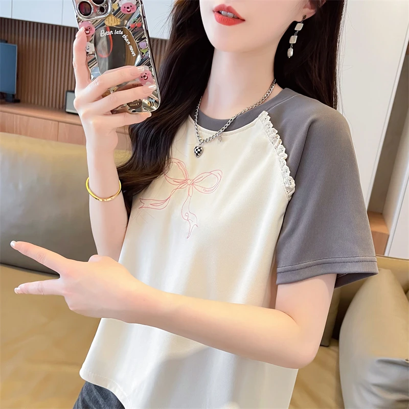 减龄洋气短袖t恤女2024新款夏季韩版宽松短款小个子拼色上衣服潮