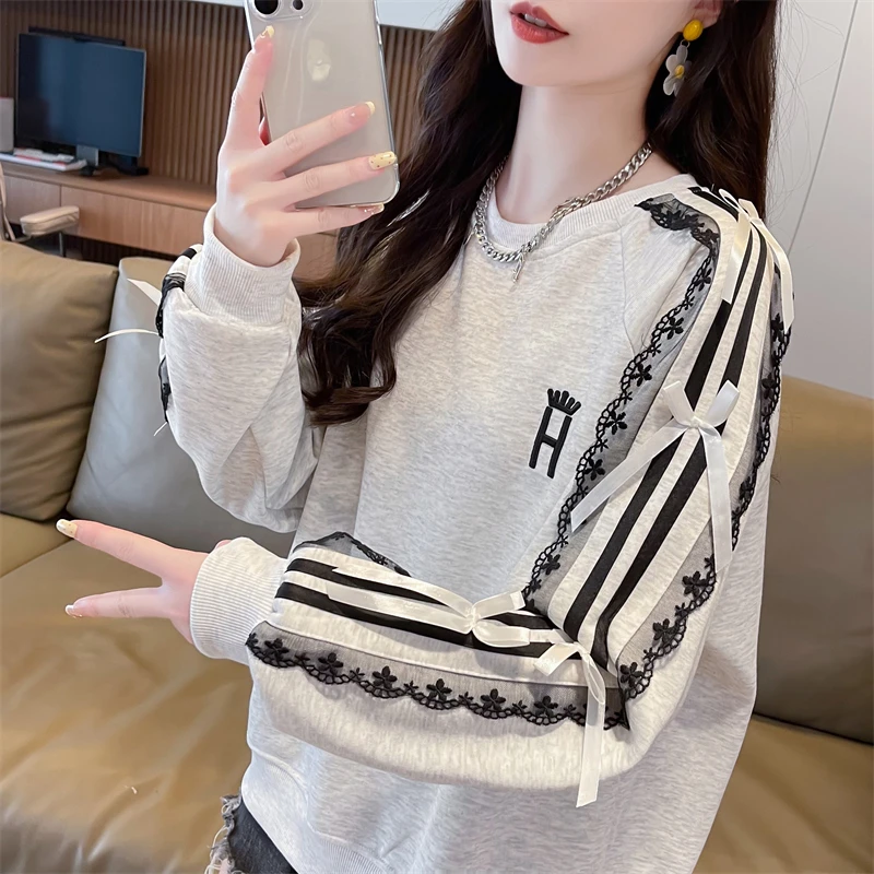 蕾丝花边拼接蝴蝶结卫衣女2024新款春秋韩版宽松薄款早秋上衣外套