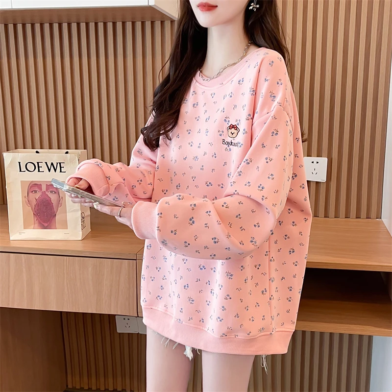 早秋装小碎花卫衣女春秋季韩版宽松大码中长款慵懒风薄款上衣外套